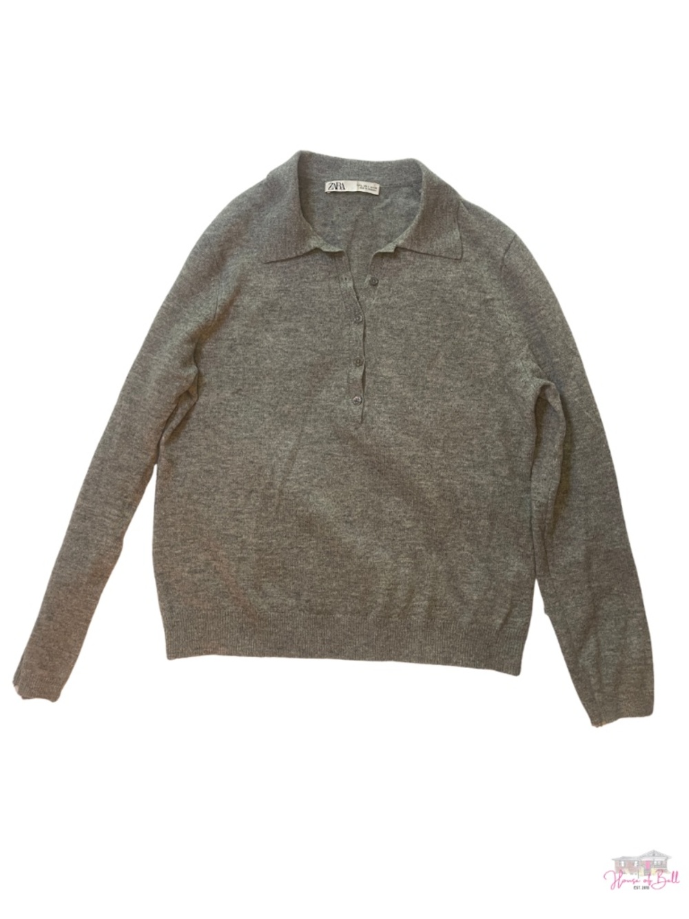 ZARA Grey Button Polo Knit Sweater Size L Minimalist Wool Blend Top
